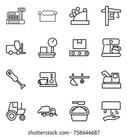 Thin line icon set : cashbox, electrostatic, tower crane, fork loader, warehouse scales, transporter tape, coffee maker, blender, plow, harvester, tractor, trash truck, washing powder, hand dryer
