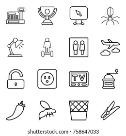 Thin line icon set : cashbox, trophy, monitor arrow, virus, table lamp, hoverboard, wc, journey, unlock, power socket, tv, hand mill, hot pepper, wasp, trash bin, clothespin