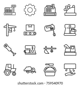 Thin line icon set : cashbox, gear, tower crane, transporter tape, mixer, coffee maker, blender, plow, harvester, tractor, trash truck, washing powder, hand dryer