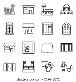 Thin line icon set : cashbox, shop, mansion, cottage, building, window, arch, flower in, curtain, clean, skysrcapers cleaning, wiping, toilet