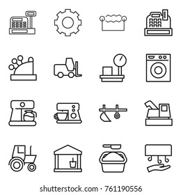 Thin line icon set : cashbox, gear, electrostatic, fork loader, warehouse scales, washing machine, coffee maker, plow, harvester, tractor, utility room, powder, hand dryer