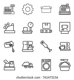 Thin line icon set : cashbox, gear, electrostatic, warehouse scales, transporter tape, atm, mixer, coffee maker, blender, harvester, trash truck, washing machine, powder