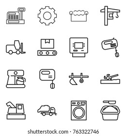 Thin line icon set : cashbox, gear, electrostatic, tower crane, fork loader, transporter tape, atm, mixer, coffee maker, plow, soil cutter, harvester, trash truck, washing machine, powder