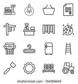 Thin line icon set : cashbox, rocket, basket, account balance, tower crane, customs control, bar code, disco ball, antique column, hanger, fridge, stairs, meat hammer, induction oven, spices