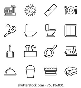 Thin line icon set : cashbox, sun power, level, cafe, tennis, bath, toilet, switch, scoop, repair tools, pan, coffee maker, meal cap, bucket, sponge, with foam