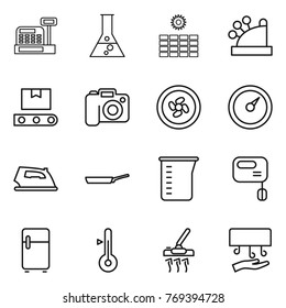 Thin line icon set : cashbox, flask, sun power, transporter tape, camera, cooler fan, barometer, iron, pan, measuring cup, mixer, fridge, thermometer, vacuum cleaner, hand dryer