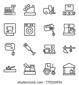 Thin line icon set : cashbox, fork loader, transporter tape, atm, washing machine, mixer, coffee maker, blender, plow, soil cutter, harvester, tractor, utility room