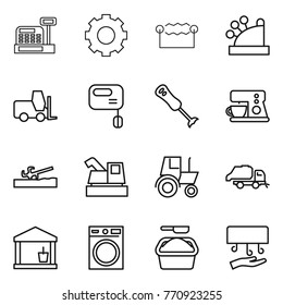 Thin line icon set : cashbox, gear, electrostatic, fork loader, mixer, blender, coffee maker, soil cutter, harvester, tractor, trash truck, utility room, washing machine, powder, hand dryer