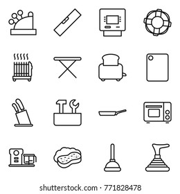 Thin line icon set : cashbox, level, atm, lifebuoy, radiator, iron board, toaster, cutting, stands for knives, repair tools, pan, grill oven, food processor, sponge with foam, plunger