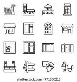 Thin line icon set : cashbox, mansion, cottage, building, shop, window, arch, flower in, clean, skysrcapers cleaning, skyscrapers, wiping, toilet