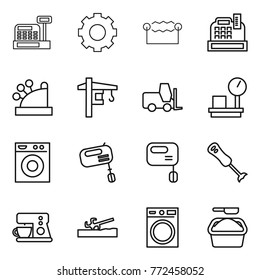 Thin line icon set : cashbox, gear, electrostatic, tower crane, fork loader, warehouse scales, washing machine, mixer, blender, coffee maker, soil cutter, powder