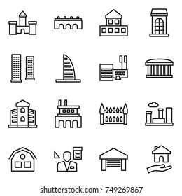 thin line icon set : castle, bridge, cottage, building, skyscrapers, skyscraper, mall, airport, factory, gothic architecture, city, house, architector, garage, housing