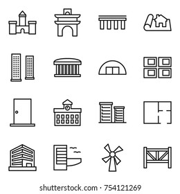 thin line icon set : castle, arch, bridge, project, skyscrapers, airport building, hangare, panel house, door, university, district, plan, office, hotel, windmill, farm fence