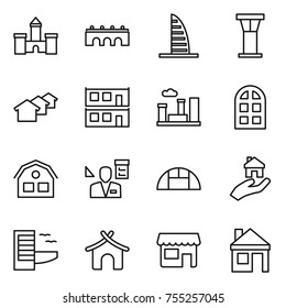 thin line icon set : castle, bridge, skyscraper, airport tower, houses, modular house, city, arch window, architector, greenhouse, real estate, hotel, bungalow, shop