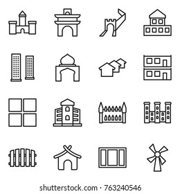 Thin line icon set : castle, arch, greate wall, cottage, skyscrapers, minaret, houses, modular house, window, building, gothic architecture, palace, fence, bungalow, windmill