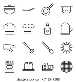 thin line icon set : cauldron, pan, colander, cook hat, chief, apron, glove, whisk, big spoon, gas oven, salt pepper, food processor, sieve
