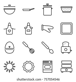 Thin line icon set : cauldron, pan, colander, apron, cook glove, cutting board, egg timer, whisk, big spoon, toaster, gas oven, induction, double boiler