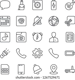 Thin Line Icon Set - Cell Phone Vector, Call, Message, Mobile Camera, Settings, Themes, User, Alarm, Bell, Sim, Network, Calendar, Torch, Mute, Cut, Place Tag, Fingerprint Id, Music, Photo Gallery