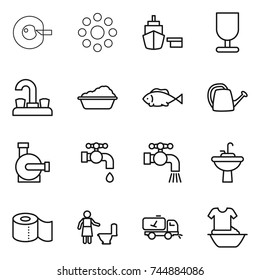 thin line icon set : cell corection, round around, port, fragile, water tap, washing, fish, watering can, pump, sink, toilet paper, cleaning, home call, handle