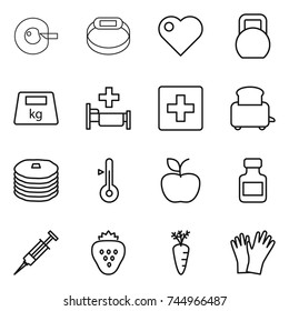 thin line icon set : cell corection, smart bracelet, heart, heavy, hospital, first aid, toaster, pancakes, thermometer, apple, pills bottle, syringe, strawberry, carrot, gloves