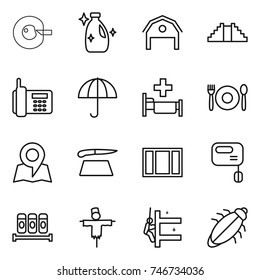 thin line icon set : cell corection, cleanser, barn, pyramid, phone, dry cargo, hospital, cafe, map, cutting board, window, mixer, spices, scarecrow, skyscrapers cleaning, bug