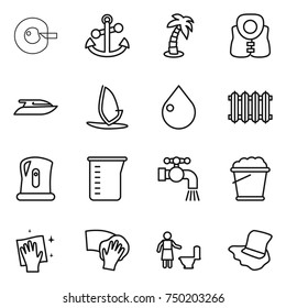 thin line icon set : cell corection, anchor, palm, life vest, yacht, windsurfing, drop, radiator, kettle, measuring cup, water tap, foam bucket, wiping, toilet cleaning, floor washing