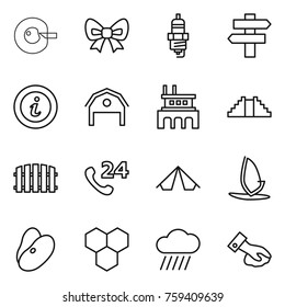 Thin line icon set : cell corection, bow, spark plug, singlepost, info, barn, factory, pyramid, fence, phone 24, tent, windsurfing, beans, honeycombs, rain cloud, wiping