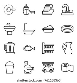 Thin line icon set : cell corection, port, cruise ship, water tap, sink, bath, washing, inflatable pool, kettle, fish, watering, jug, bucket, pump, car wash, toilet paper