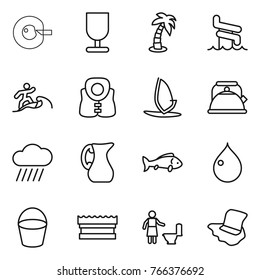 Thin line icon set : cell corection, fragile, palm, aquapark, surfer, life vest, windsurfing, kettle, rain cloud, jug, fish, drop, bucket, sponge, toilet cleaning, floor washing
