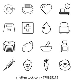 Thin line icon set : cell corection, smart bracelet, heart, warehouse scales, heavy, first aid, drop, toaster, pancakes, lemon, mortar, pills bottle, syringe, strawberry, carrot, soap