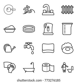 Thin line icon set : cell corection, surfer, water tap, radiator, washing, inflatable pool, kettle, measuring cup, watering can, sponge, soap, wiping, bath, toilet paper, cleaning