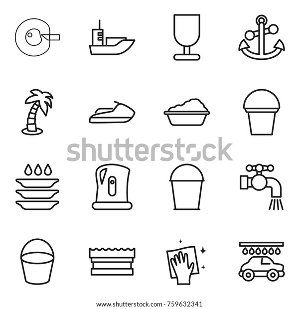Thin line icon set : cell corection, sea\
shipping, fragile, anchor, palm, jet ski, washing, bucket, plate,\
kettle, water tap, sponge, wiping, car\
wash