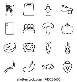 thin line icon set : Chair for babies, cutting board, apron, garlic clasp, spices, mushroom, tomato, steake, pretzel, carrot, spikelets, sickle, eggplant, fish, strawberry