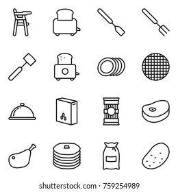 Thin line icon set : Chair for babies, toaster, spatula, big fork, meat hammer, plates, sieve, meal cap, cereals, pasta, steake, chicken leg, pancakes, flour, potato