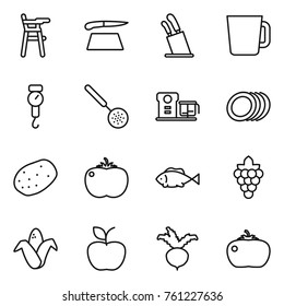 Thin line icon set : Chair for babies, cutting board, stands knives, cup, handle scales, skimmer, food processor, plates, potato, tomato, fish, grape, corn, apple, beet