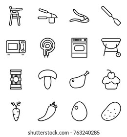 Thin line icon set : Chair for babies, garlic clasp, walnut crack, spatula, microwave oven, elecric, bbq, pasta, mushroom, chicken leg, cupcake, carrot, hot pepper, egg, potato