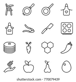 Thin line icon set : Chair for babies, pan, apron, walnut crack, chef knife, hob, pancakes, carrot, honeycombs, hot pepper, harvest, apple, pear, egg