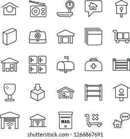 Thin Line Icon Set - checkroom vector, bird house, doctor case, container, fragile, cargo, warehouse storage, no trolley, package, heavy scales, rack, radio, blank box, mailbox, garage gate control