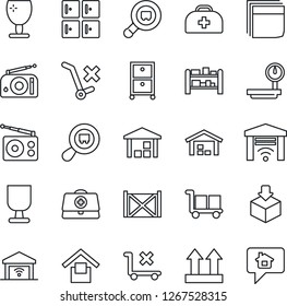 Thin Line Icon Set - checkroom vector, doctor case, container, fragile, cargo, warehouse storage, up side sign, no trolley, package, heavy scales, search, rack, radio, blank box, archive