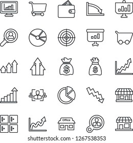 Thin Line Icon Set - checkroom vector, growth statistic, money bag, crisis graph, store, monitor statistics, pie, hr, target, consumer search, arrow up, wallet, cart, presentation, storefront