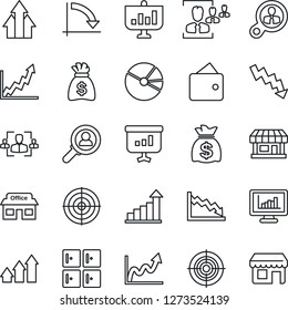 Thin Line Icon Set - checkroom vector, growth statistic, money bag, crisis graph, store, monitor statistics, pie, hr, target, consumer search, arrow up, wallet, presentation, storefront