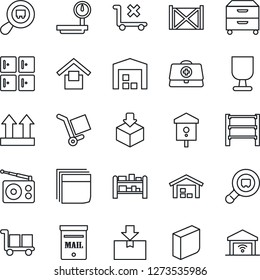 Thin Line Icon Set - checkroom vector, bird house, doctor case, container, fragile, cargo, warehouse storage, up side sign, no trolley, package, heavy scales, search, rack, radio, blank box, archive