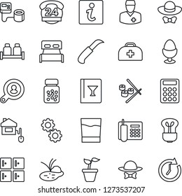 Thin Line Icon Set - checkroom vector, seedling, garden knife, pond, doctor case, blood pressure, pills bottle, 24 hours, calculator, office phone, client search, bedroom, wine card, drink, sushi