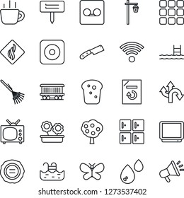 Thin Line Icon Set - checkroom vector, coffee, document reload, stamp, rake, butterfly, plant label, garden light, route, railroad, tv, rec button, menu, record, pool, fruit tree, wireless, bread