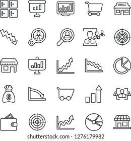 Thin Line Icon Set - checkroom vector, growth statistic, money bag, crisis graph, store, monitor statistics, pie, hr, target, consumer search, wallet, cart, presentation, storefront