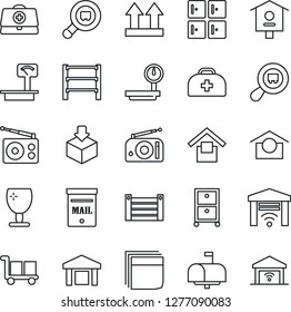 Thin Line Icon Set - checkroom vector, bird house, doctor case, container, fragile, cargo, warehouse storage, up side sign, package, heavy scales, search, rack, radio, blank box, archive, mailbox