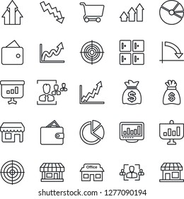 Thin Line Icon Set - checkroom vector, money bag, crisis graph, store, monitor statistics, pie, hr, target, arrow up, wallet, growth, cart, presentation, storefront