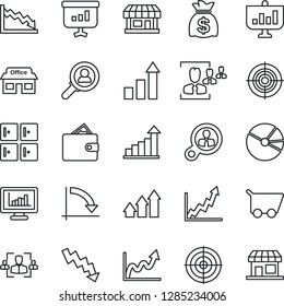 Thin Line Icon Set - checkroom vector, growth statistic, money bag, crisis graph, store, monitor statistics, pie, hr, target, consumer search, arrow up, wallet, cart, presentation, storefront