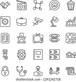 Thin Line Icon Set - checkroom vector, garden light, fireplace, molecule, stethoscope, doctor, traffic, no hook, route, radio, tv, mobile camera, sim, lock, copybook, point graph, desk lamp, plates
