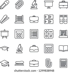 Thin Line Icon Set - checkroom vector, book, calculator, graduate, abacus, presentation board, microscope, case, paper clip, pencil, stapler